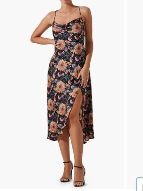 Astr the Label Floral Strappy Cowl Neck Slip Dress Black Tan Floral M